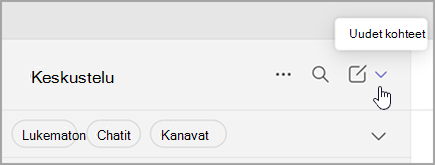 Näyttökuva vaihtoehdosta valita uusia kohteita yhdistetystä näkymästä. Se on oikealla keskustelu- ja kanavaluettelon yläpuolella.