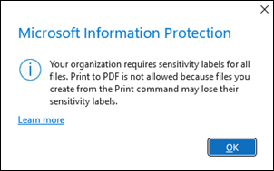 Microsoft Info protection PDF not allowed -virhe