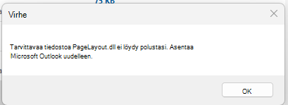 Näyttökuva virhesanomasta "Vaadittua tiedostoa PageLayout.dll ei löydy"