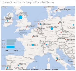 Power View -kartta Euroopasta, kuplissa näkyvät myyntimäärät