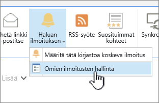 SharePoint 2016:n Hallitse ilmoitusta -painike korostettuna