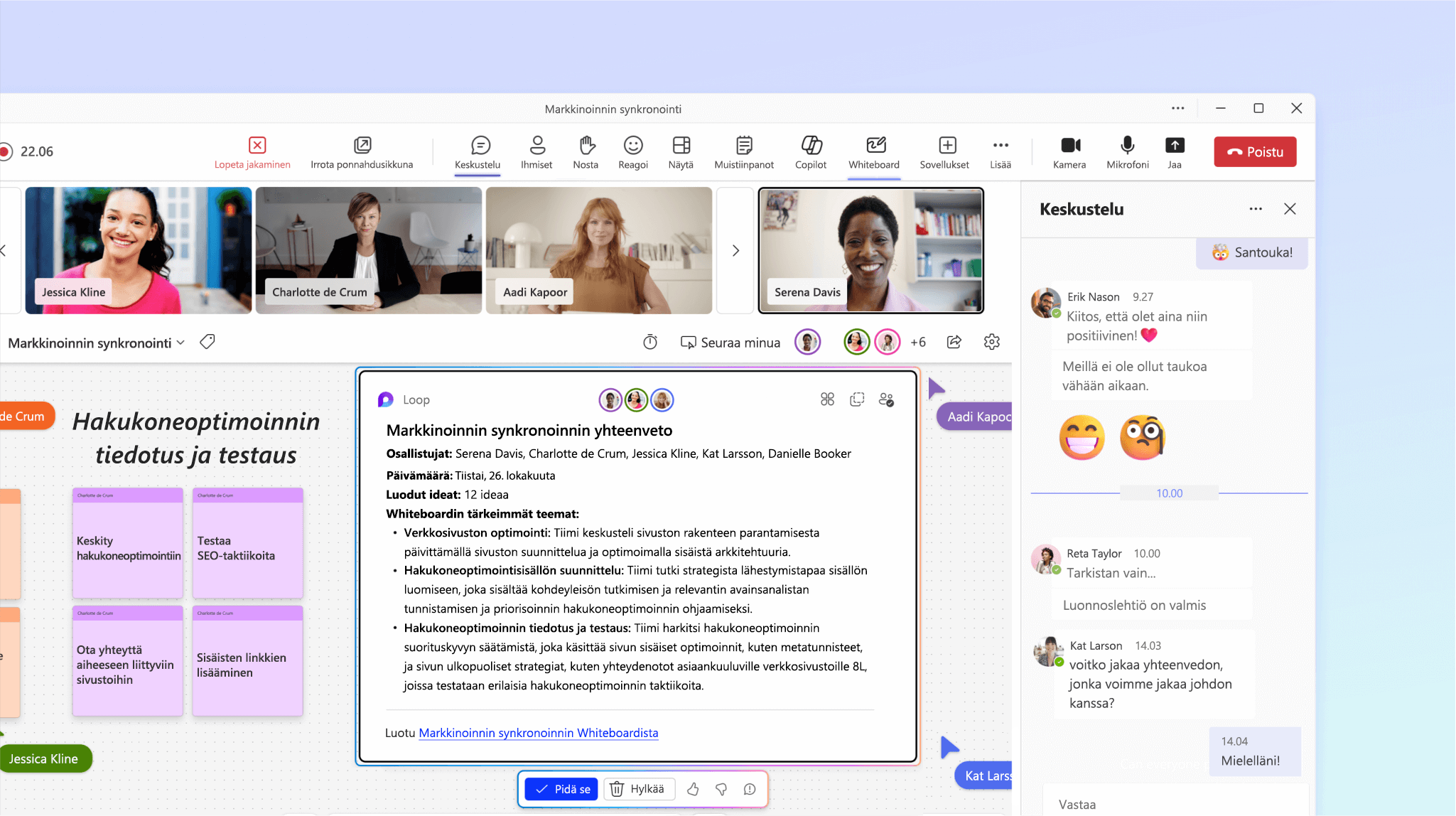 Näyttökuvassa näkyy Whiteboard Copilot, jossa on yhteenveto kokouksen keskustelusta.