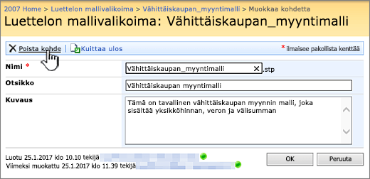 Muokkaa luettelomallisivua, jossa on korostettuna Poista