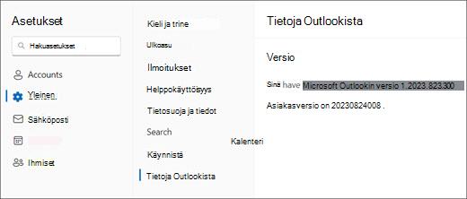 Kuva Outlook for Windowsin uusista versiotiedoista, joissa Yleistä ja Tietoja Outlookista on korostettuna.