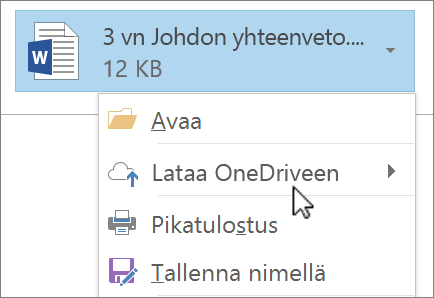 Näyttökuva Outlookin luonti-ikkunasta, jossa näkyy liitetty tiedosto ja Lataa-komento on valittuna.