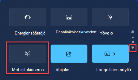 Mobiilitukiaseman pikatoiminnon etsiminen Windows 11 pika-asetuksissa.