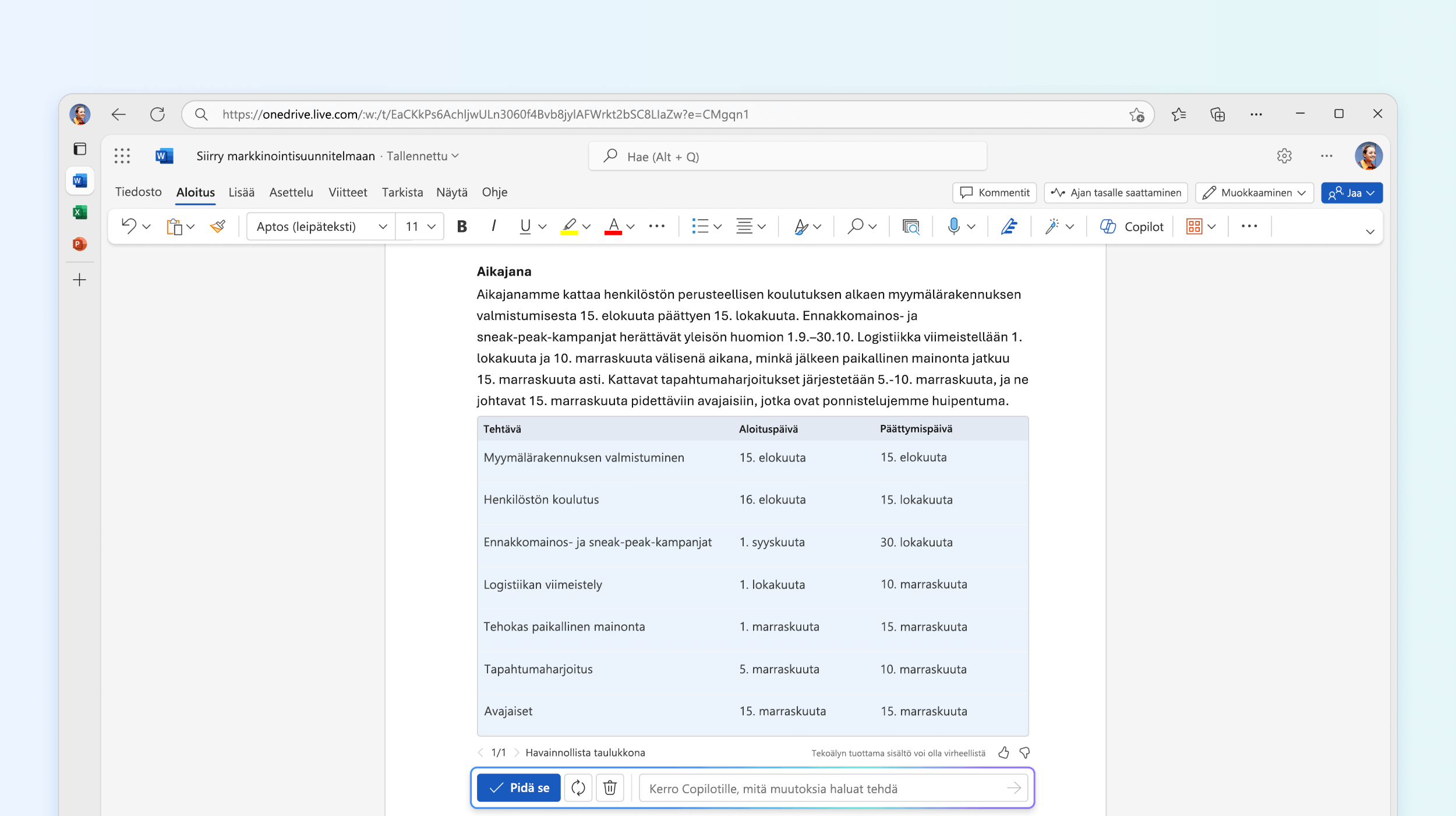 Näyttökuva tekstistä taulukkoon Copilotissa Wordissa