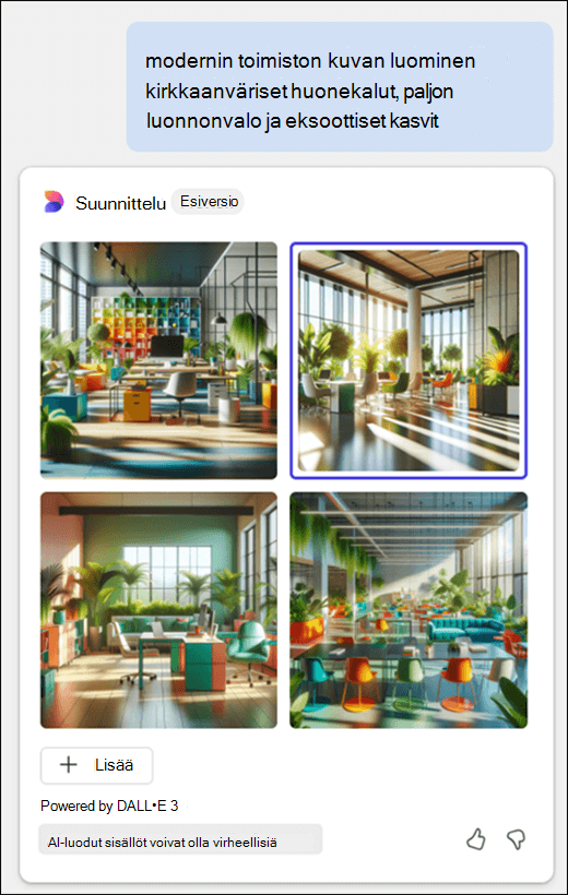 Näyttää Copilot-kehotteen, jossa on kuva modernista toimistosta, jossa on värillisiä huonekaluja, luonnonvaloa ja eksoottisia kasveja, ja sen jälkeen neljä kuvaa.