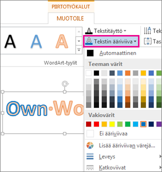 Piirtotyökalut - Muotoile -välilehden Tekstin ääriviiva -värivalikoima
