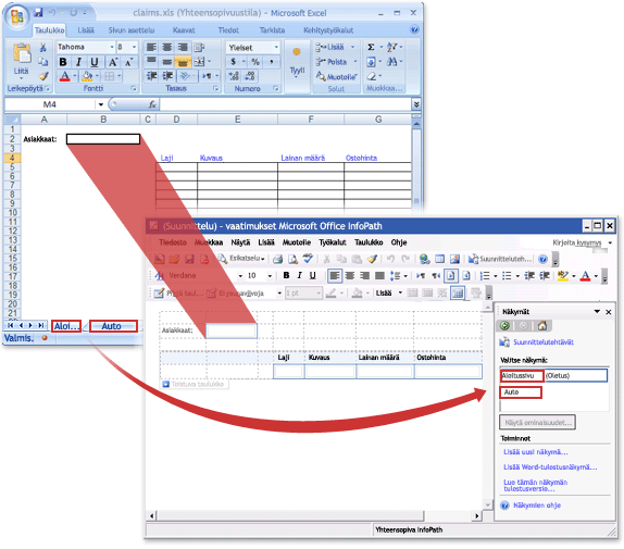 Excel-työkirja ennen sen muuntamista InfoPath-lomakemalliksi ja sen muuntamisen jälkeen.