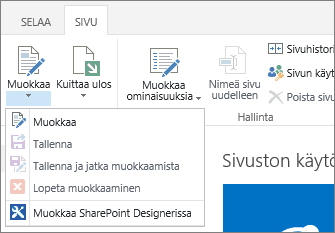 Sivu-valintanauha, jossa näkyvät käytöstä poistetut painikkeet.