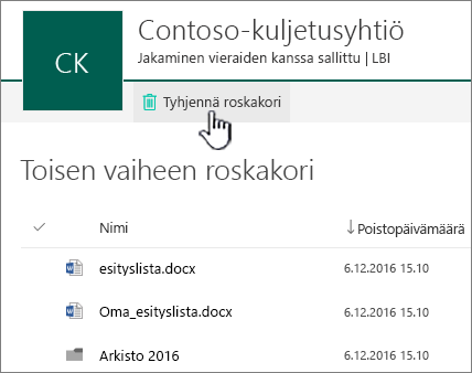 SharePoint Onlinen toisen tason roskakori Tyhjennä roskakori -painike korostettuna