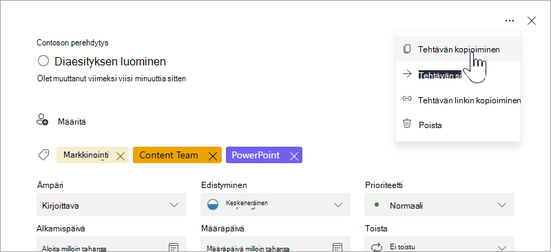 Kopioi tehtävä -vaihtoehdon valitseminen tehtävän tiedoissa