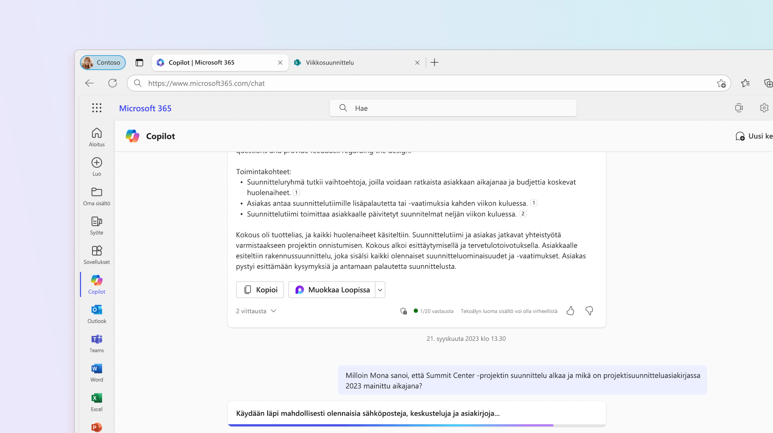 Näyttökuvassa näkyy Microsoft 365 Chat, joka vastaa projektisuunnittelua koskevaan kysymykseen.