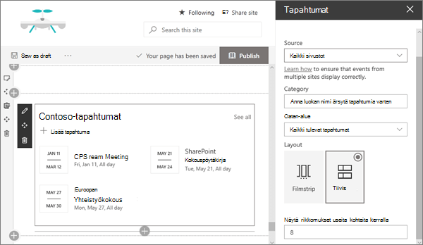 SharePoint Onlinen modernin viestintäsivuston Tapahtumien malli -verkko-osan syöte
