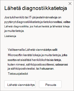 Näyttökuva ikkunasta, jossa näytetään, miten diagnostiikkatietoja lähetetään, kun puhutaan tukihenkilön kanssa