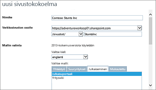 Uusi sivustokokoelman valintaikkuna, jonka yläosassa julkaisuportaali näkyy korostettuna