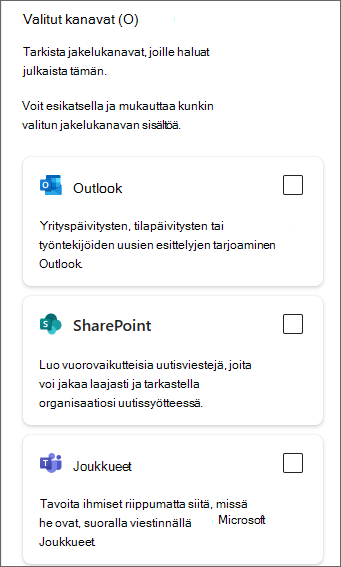 Näyttökuva sivupaneelista, jossa näkyy Outlookin, SharePointin ja Teamsin valintaruudut.