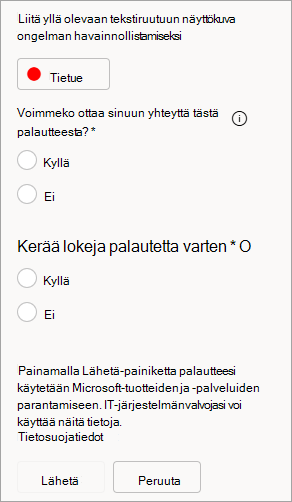 Näyttökuva, jossa näkyy mahdollisuus sallia yhteystietojen lähettäminen ja lokien lähettäminen palautetta lähetettäessä