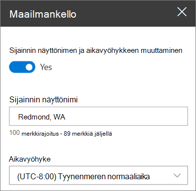 SharePoint-sivustojen World Clock -verkko-osan työkaluryhmä, jossa näkyy näyttönimen ja aikavyöhykkeen mukauttaminen