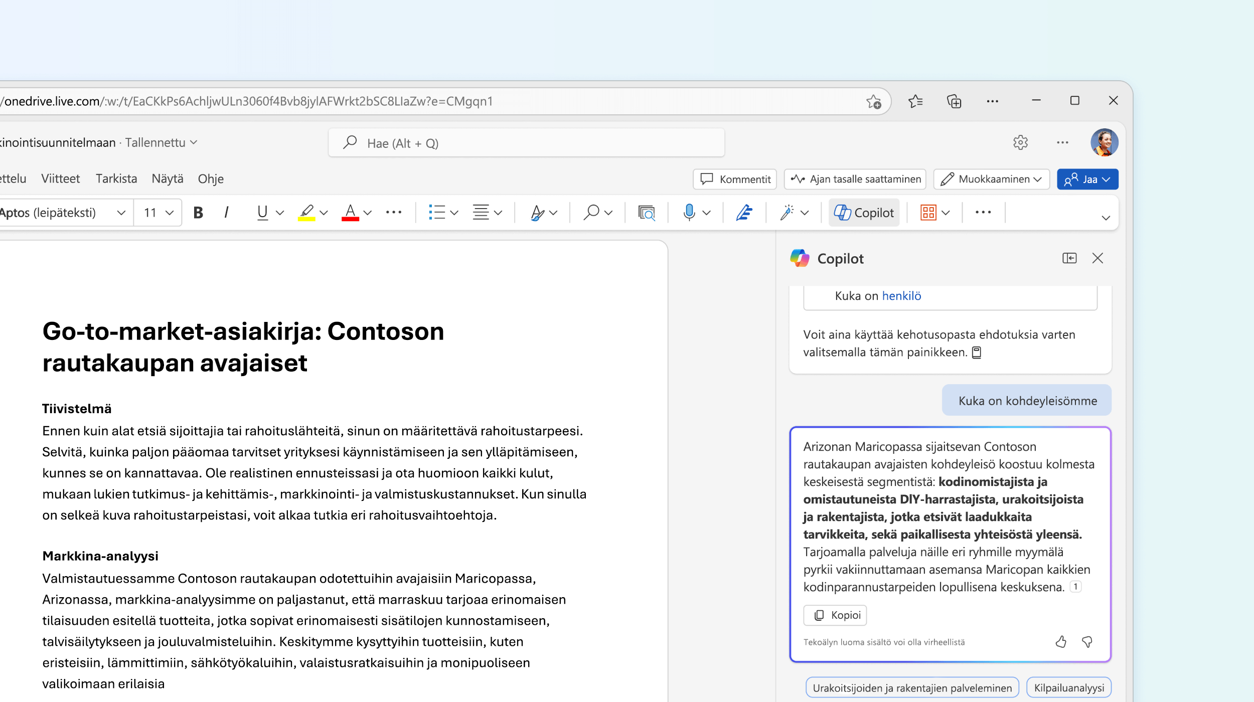 Näyttökuva wordin Copilotista, joka vastaa asiakirjaa koskevaan kysymykseen.