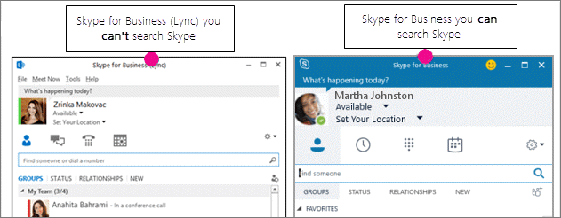 Rinnakkain vertailussa Skype for Businessin yhteystietosivu ja Skype for Businessin (Lync) sivu