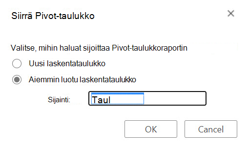 Excelin verkkoversio Siirrä Pivot-taulukko -valintaikkuna.