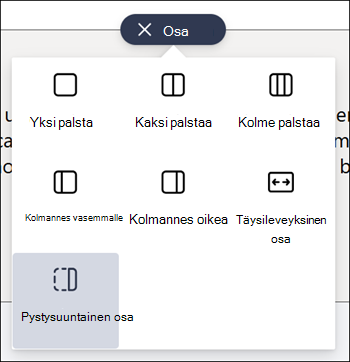 Pystysuuntainen osa korostettuna osatyyppien luettelossa