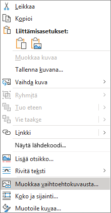 Kuvien vaihtoehtoinen teksti -pikavalikko Outlook for Windowsissa