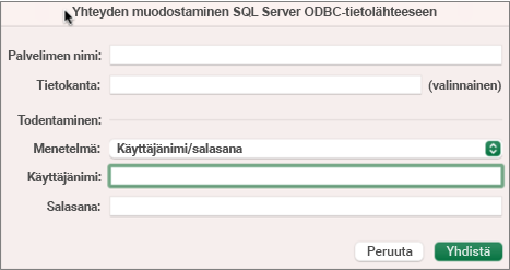 Palvelimen, tietokannan ja tunnistetietojen syöttäminen SQL Server-valintaikkunassa