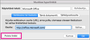 Hyperlinkin poistaminen Office for Macissa