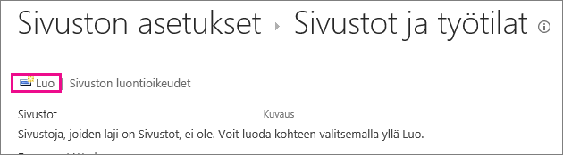 Sivustot ja työpaikat -valintaikkunan Luo sivusto -linkki