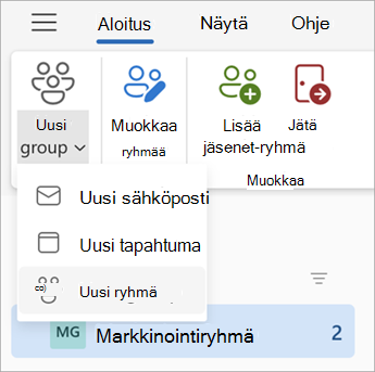 Valitse Ryhmät koontinäytön valintanauhasta Uusi ryhmä > Uusi ryhmä