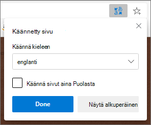 Microsoft-kääntäjä paneeli, jossa näkyy käännöksen tila.
