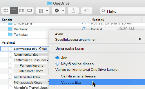 Näyttökuva OneDrive Tiedostot tarvittaessa -vaihtoehdoista Macin Finderissa