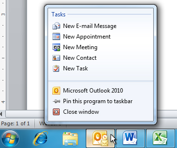 Outlook 2010 -pikaluettelo Windows 7:n tehtäväpalkissa