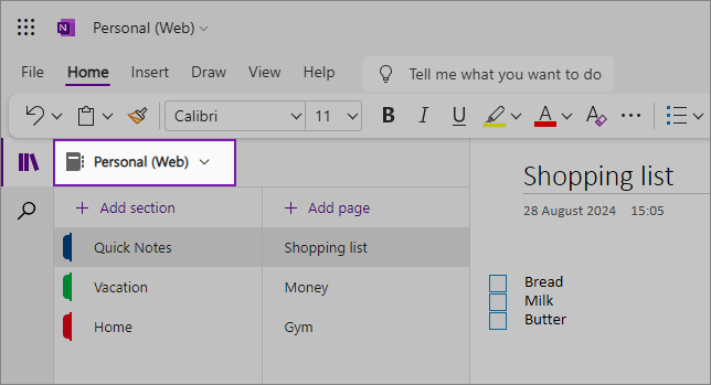 OneNote-verkkokäyttöliittymän näkymä, jossa näkyy sisältöalue