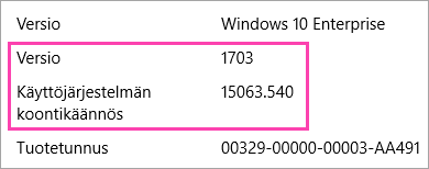 Näyttökuva, jossa näkyvät Windowsin versio- ja koontiversionumerot