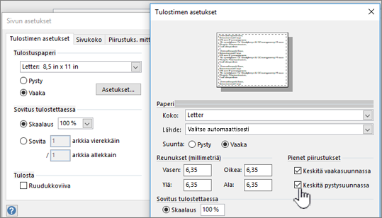 Napsauta Keskitä vaaka- ja pystysuunnassa Pienet piirustukset -kohdassa