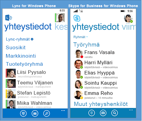Windows Phonelle tarkoitetun Skype for Businessin ja Lyncin rinnakkaisvertailu
