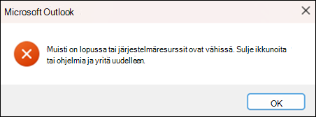 Outlookin muistin loppuminen -virhe