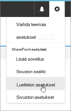 Asetukset-valikko, jossa Luetteloasetukset on korostettuna