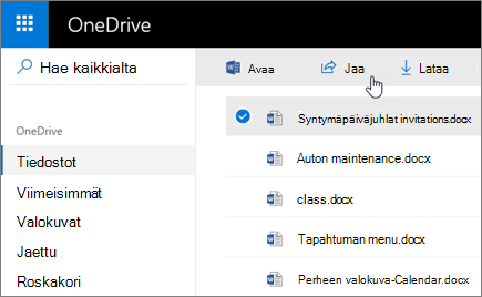 Näyttökuva valitusta tiedostosta ja Jaa-painikkeesta OneDrivessa.