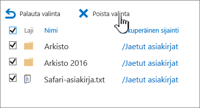 SharePoint 2016:n toisen tason roskakori kaikki kohteet valittuina ja poistopainike korostettuna