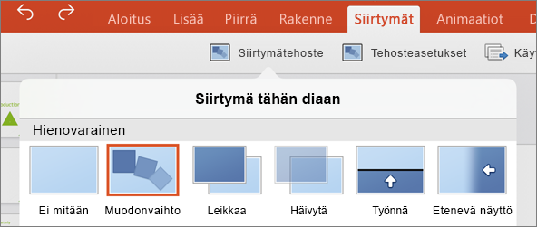 Näyttää PowerPoint 2016 for iPad -sovelluksen siirtymävalikon muodonvaihdon