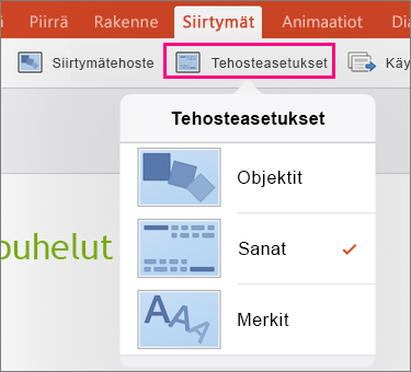 Näyttää PowerPoint 2016 for iPad -sovelluksen muodonvaihdon tehosteasetukset