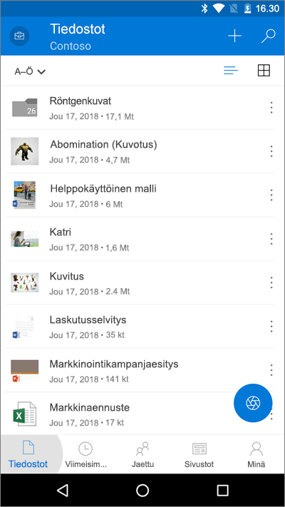 Näyttökuva OneDrive-mobiilisovelluksesta, jossa on Tiedostot-painike korostettuna