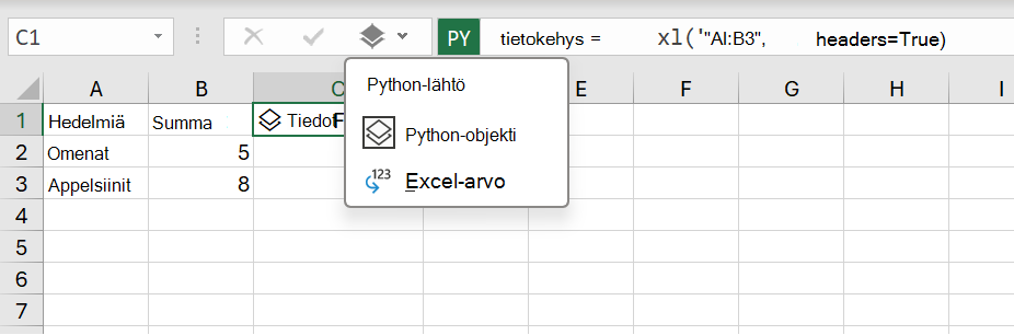 Excel-työkirjan Python-tulostusvalikko.