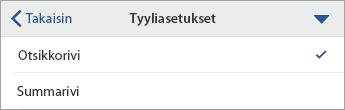 Tyyliasetukset-komento laajennettuna otsikkorivi valittuna.