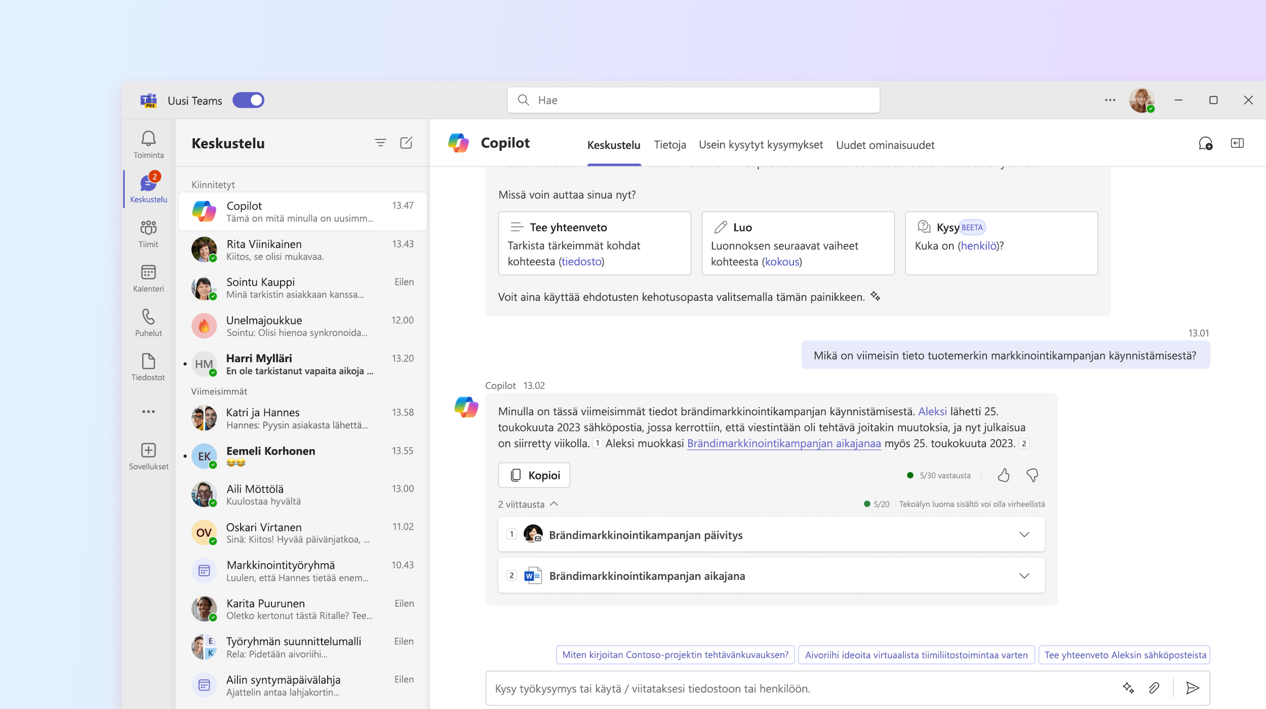 Näyttökuvassa näkyy Microsoft 365 Copilot -sovellus Teamsissa.